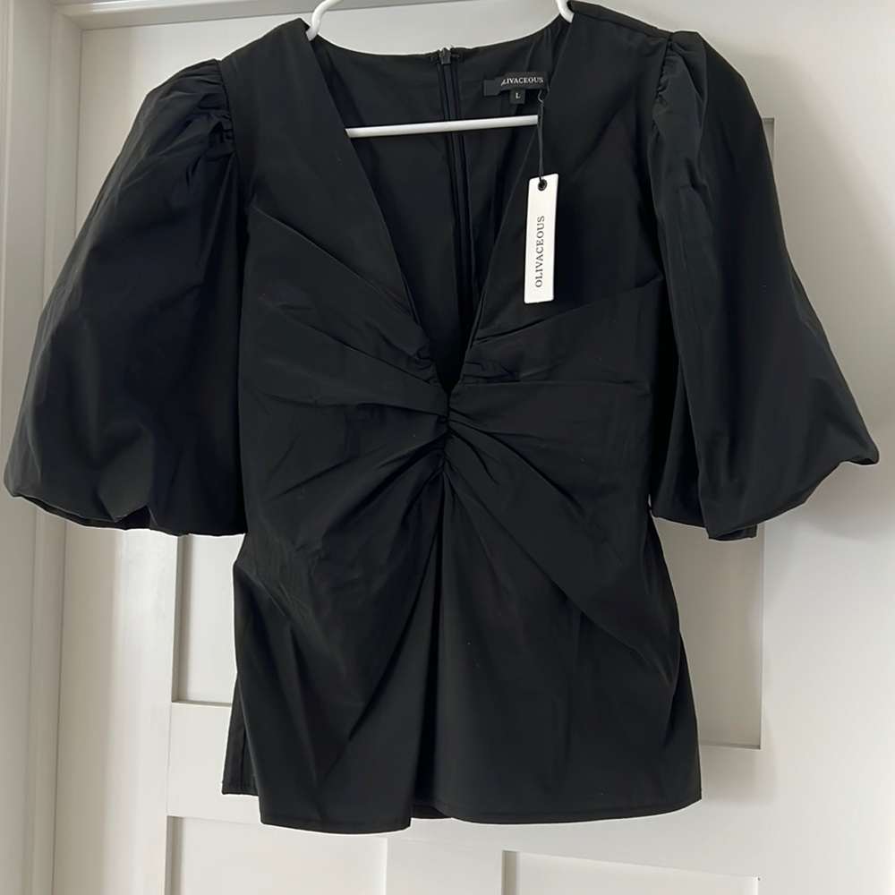 Olivaceous Black Low Cut Balloon Sleeve Blouse Size L NWT